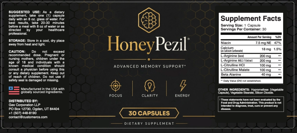 Honeypezil Supplement Facts panel showing all six named actives